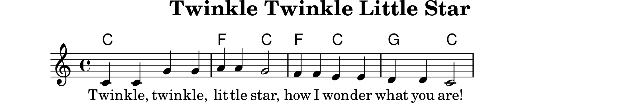 \version "2.22.0"

melody = \relative {
  \key c \major
  \time 4/4
  c'4 c g' g a a g2
  f4 f e e d d c2
}

harmony = \chordmode {
  c1: f2: c:
  f2: c: g2: c:
}

\book {
  \header {
    title = "Twinkle Twinkle Little Star"
    piece = \markup { \vspace #1 }
  }
  \score {
    <<
      \new ChordNames { \harmony }
      \new Staff { \melody }
      \addlyrics {
        Twin -- kle, twin -- kle, lit -- tle star,
        how I won -- der what you are!
      }
    >>
    \layout {}
    \midi {}
  }
}

\book {
  \header { title = "Twinkle Twinkle Little Star (Melody)" }
  \score {
    \new Staff { \melody }
    \midi {}
  }
}

\book {
  \header { title = "Twinkle Twinkle Little Star (Harmony)" }
  \score {
    \new ChordNames { \harmony }
    \midi {}
  }
}