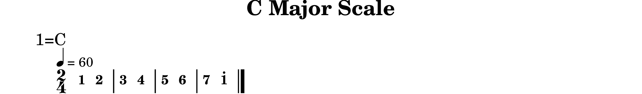\version "2.20.0"
#(set-global-staff-size 20)

% un-comment the next line to remove Lilypond tagline:
% \header { tagline="" }

\pointAndClickOff

\paper {
  print-all-headers = ##t %% allow per-score headers

  % un-comment the next line for A5:
  % #(set-default-paper-size "a5" )

  % un-comment the next line for no page numbers:
  % print-page-number = ##f

  % un-comment the next 3 lines for a binding edge:
  % two-sided = ##t
  % inner-margin = 20\mm
  % outer-margin = 10\mm

  % un-comment the next line for a more space-saving header layout:
  % scoreTitleMarkup = \markup { \center-column { \fill-line { \magnify #1.5 { \bold { \fromproperty #'header:dedication } } \magnify #1.5 { \bold { \fromproperty #'header:title } } \fromproperty #'header:composer } \fill-line { \fromproperty #'header:instrument \fromproperty #'header:subtitle \smaller{\fromproperty #'header:subsubtitle } } } }
}

%{ The jianpu-ly input was:
title=C Major Scale
1=C
2/4
4=60

1 2 3 4 5 6 7 1'
%}


\score {
<< \override Score.BarNumber.break-visibility = #center-visible
\override Score.BarNumber.Y-offset = -1
\set Score.barNumberVisibility = #(every-nth-bar-number-visible 5)

%% === BEGIN JIANPU STAFF ===
    \new RhythmicStaff \with {
    \consists "Accidental_engraver" 
    %% Get rid of the stave but not the barlines:
    \override StaffSymbol.line-count = #0 %% tested in 2.15.40, 2.16.2, 2.18.0, 2.18.2, 2.20.0 and 2.22.2
    \override BarLine.bar-extent = #'(-2 . 2) %% LilyPond 2.18: please make barlines as high as the time signature even though we're on a RhythmicStaff (2.16 and 2.15 don't need this although its presence doesn't hurt; Issue 3685 seems to indicate they'll fix it post-2.18)
    }
    { \new Voice="W" {
    \override Beam.transparent = ##f
    \override Stem.direction = #DOWN
    \override Tie.staff-position = #2.5
    \tupletUp
    \override Stem.length-fraction = #0
    \override Beam.beam-thickness = #0.1
    \override Beam.length-fraction = #0.5
    \override Voice.Rest.style = #'neomensural % this size tends to line up better (we'll override the appearance anyway)
    \override Accidental.font-size = #-4
    \override TupletBracket.bracket-visibility = ##t
\set Voice.chordChanges = ##t %% 2.19 bug workaround

    \override Staff.TimeSignature.style = #'numbered
    \override Staff.Stem.transparent = ##t
     \mark \markup{1=C} \time 2/4 \tempo 4=60 #(define (note-one grob grob-origin context)
  (if (and (eq? (ly:context-property context 'chordChanges) #t)
      (or (grob::has-interface grob 'note-head-interface)
        (grob::has-interface grob 'rest-interface)))
    (begin
      (ly:grob-set-property! grob 'stencil
        (grob-interpret-markup grob
          (make-lower-markup 0.5 (make-bold-markup "1")))))))
  \applyOutput #'Voice #note-one c'4
#(define (note-two grob grob-origin context)
  (if (and (eq? (ly:context-property context 'chordChanges) #t)
      (or (grob::has-interface grob 'note-head-interface)
        (grob::has-interface grob 'rest-interface)))
    (begin
      (ly:grob-set-property! grob 'stencil
        (grob-interpret-markup grob
          (make-lower-markup 0.5 (make-bold-markup "2")))))))
  \applyOutput #'Voice #note-two d'4
#(define (note-three grob grob-origin context)
  (if (and (eq? (ly:context-property context 'chordChanges) #t)
      (or (grob::has-interface grob 'note-head-interface)
        (grob::has-interface grob 'rest-interface)))
    (begin
      (ly:grob-set-property! grob 'stencil
        (grob-interpret-markup grob
          (make-lower-markup 0.5 (make-bold-markup "3")))))))
| %{ bar 2: %}
  \applyOutput #'Voice #note-three e'4
#(define (note-four grob grob-origin context)
  (if (and (eq? (ly:context-property context 'chordChanges) #t)
      (or (grob::has-interface grob 'note-head-interface)
        (grob::has-interface grob 'rest-interface)))
    (begin
      (ly:grob-set-property! grob 'stencil
        (grob-interpret-markup grob
          (make-lower-markup 0.5 (make-bold-markup "4")))))))
  \applyOutput #'Voice #note-four f'4
#(define (note-five grob grob-origin context)
  (if (and (eq? (ly:context-property context 'chordChanges) #t)
      (or (grob::has-interface grob 'note-head-interface)
        (grob::has-interface grob 'rest-interface)))
    (begin
      (ly:grob-set-property! grob 'stencil
        (grob-interpret-markup grob
          (make-lower-markup 0.5 (make-bold-markup "5")))))))
| %{ bar 3: %}
  \applyOutput #'Voice #note-five g'4
#(define (note-six grob grob-origin context)
  (if (and (eq? (ly:context-property context 'chordChanges) #t)
      (or (grob::has-interface grob 'note-head-interface)
        (grob::has-interface grob 'rest-interface)))
    (begin
      (ly:grob-set-property! grob 'stencil
        (grob-interpret-markup grob
          (make-lower-markup 0.5 (make-bold-markup "6")))))))
  \applyOutput #'Voice #note-six a'4
#(define (note-seven grob grob-origin context)
  (if (and (eq? (ly:context-property context 'chordChanges) #t)
      (or (grob::has-interface grob 'note-head-interface)
        (grob::has-interface grob 'rest-interface)))
    (begin
      (ly:grob-set-property! grob 'stencil
        (grob-interpret-markup grob
          (make-lower-markup 0.5 (make-bold-markup "7")))))))
| %{ bar 4: %}
  \applyOutput #'Voice #note-seven b'4
  \applyOutput #'Voice #note-one c''4^. \bar "|." } }
% === END JIANPU STAFF ===

>>
\header{
title="C Major Scale"
}
\layout{} }
\score {
\unfoldRepeats
<< 

% === BEGIN MIDI STAFF ===
    \new Staff { \new Voice="X" { \transpose c c { \key c \major  \time 2/4 \tempo 4=60 c'4 d'4 | %{ bar 2: %} e'4 f'4 | %{ bar 3: %} g'4 a'4 | %{ bar 4: %} b'4 c''4 } } }
% === END MIDI STAFF ===

>>
\header{
title="C Major Scale"
}
\midi { \context { \Score tempoWholesPerMinute = #(ly:make-moment 84 4)}} }